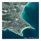 Cape St Francis map print in the Aerial style; white roads and contour lines over a satellite image with green and brown vegetation and blue sea.