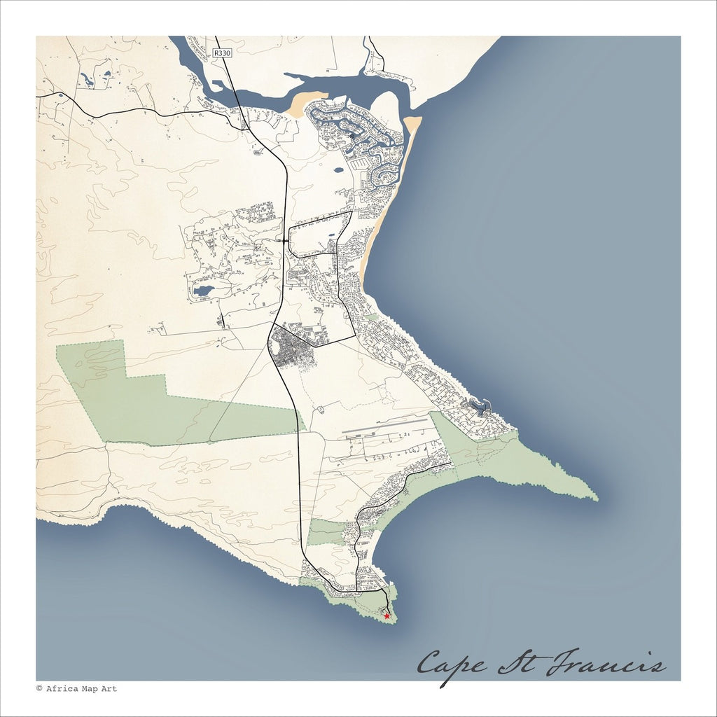 Cape St Francis map print in the Classic style, with fine black street lines, blue sea along the coastline and contoured slopes on a cream background.