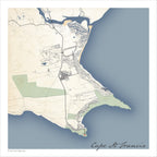 Cape St Francis map print in the Classic style, with fine black street lines, blue sea along the coastline and contoured slopes on a cream background.