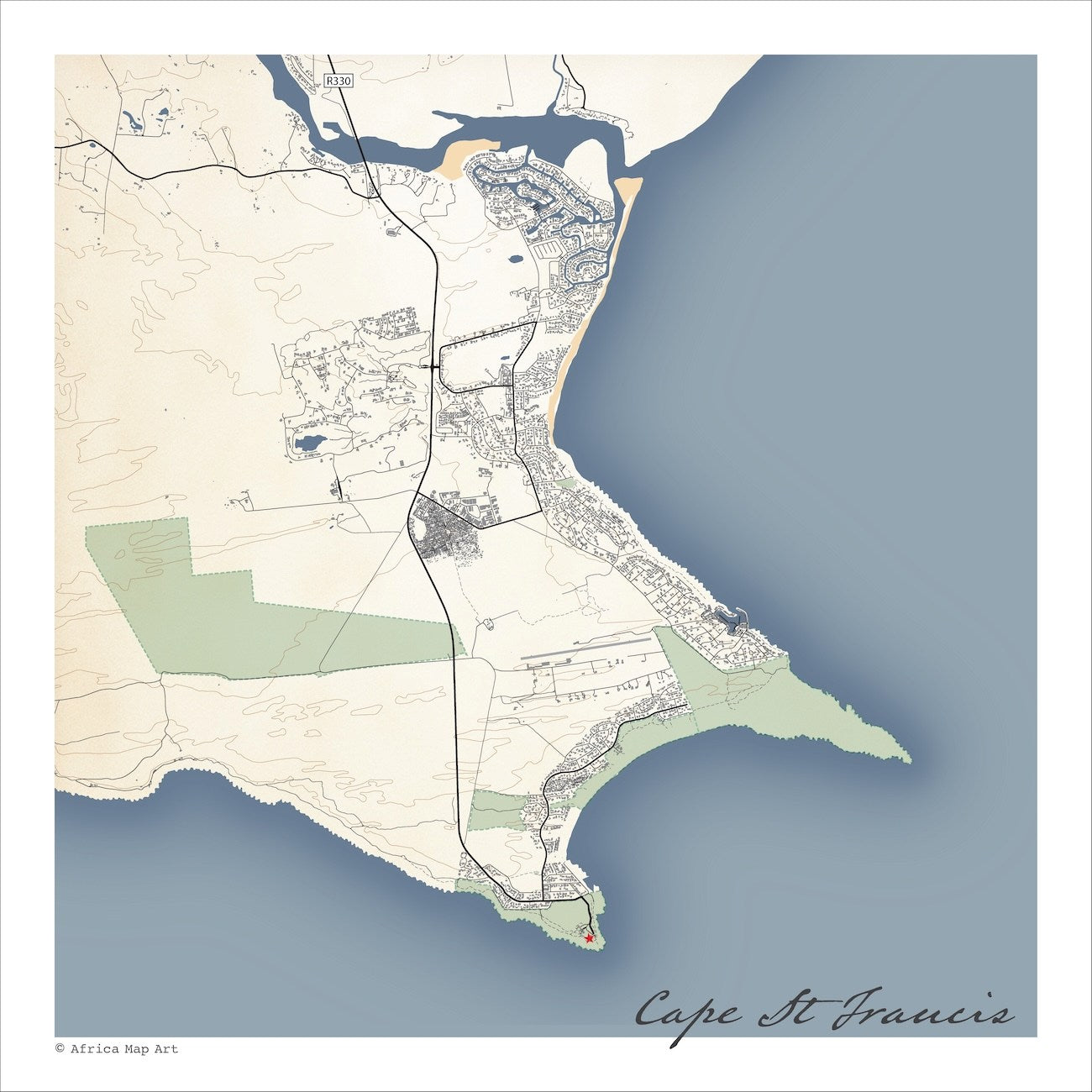 Cape St Francis map print in the Classic style, with fine black street lines, blue sea along the coastline and contoured slopes on a cream background.