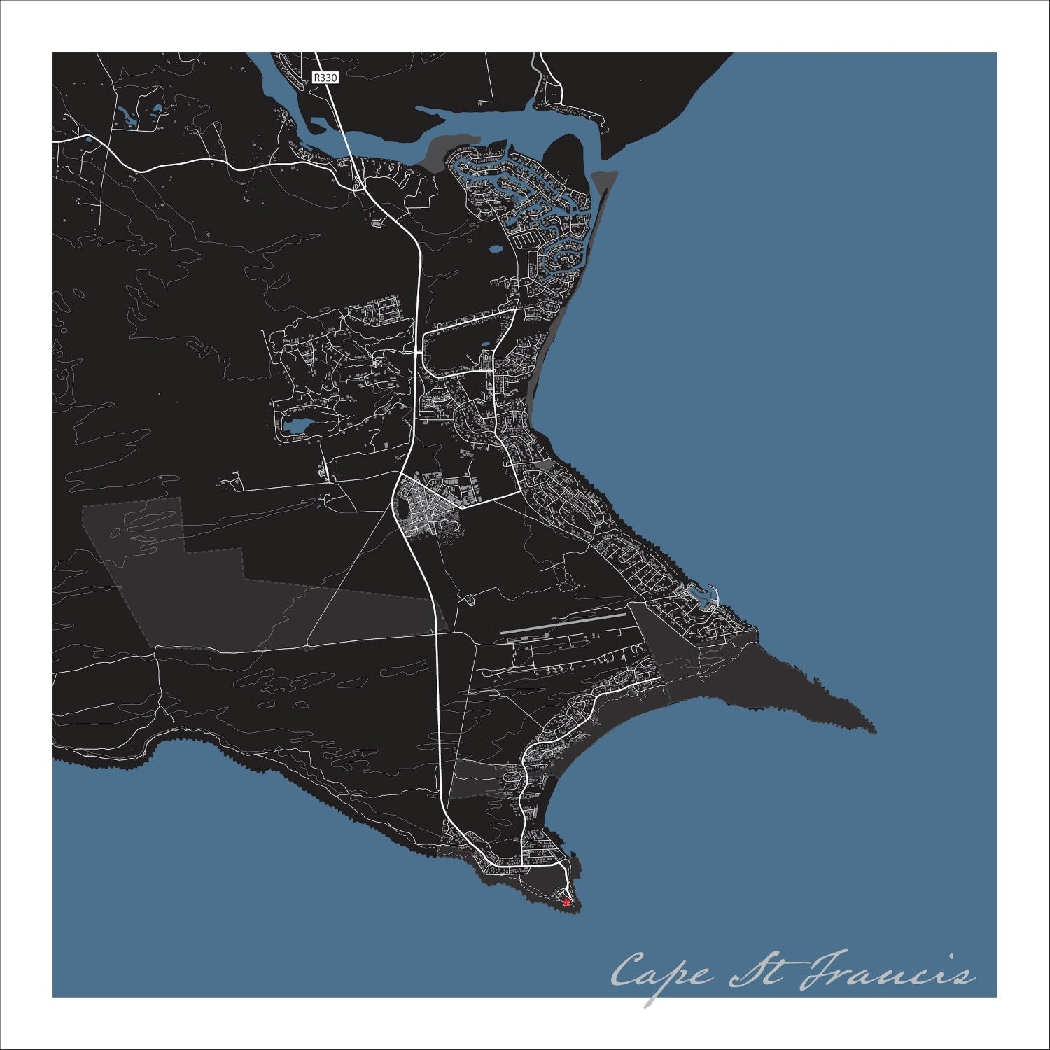 Cape St Francis map print in the Granite style, with fine white street & mountain contour lines on a black background and blue sea along the coastline 