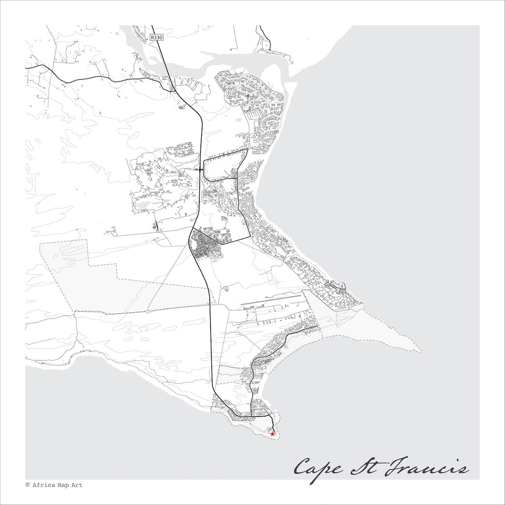 Cape St Francis map print in the Mono style, a black and white design with dark street lines, the sea in pale grey along the coastline, and fine contour lines on a white background