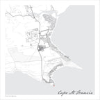 Cape St Francis map print in the Mono style, a black and white design with dark street lines, the sea in pale grey along the coastline, and fine contour lines on a white background