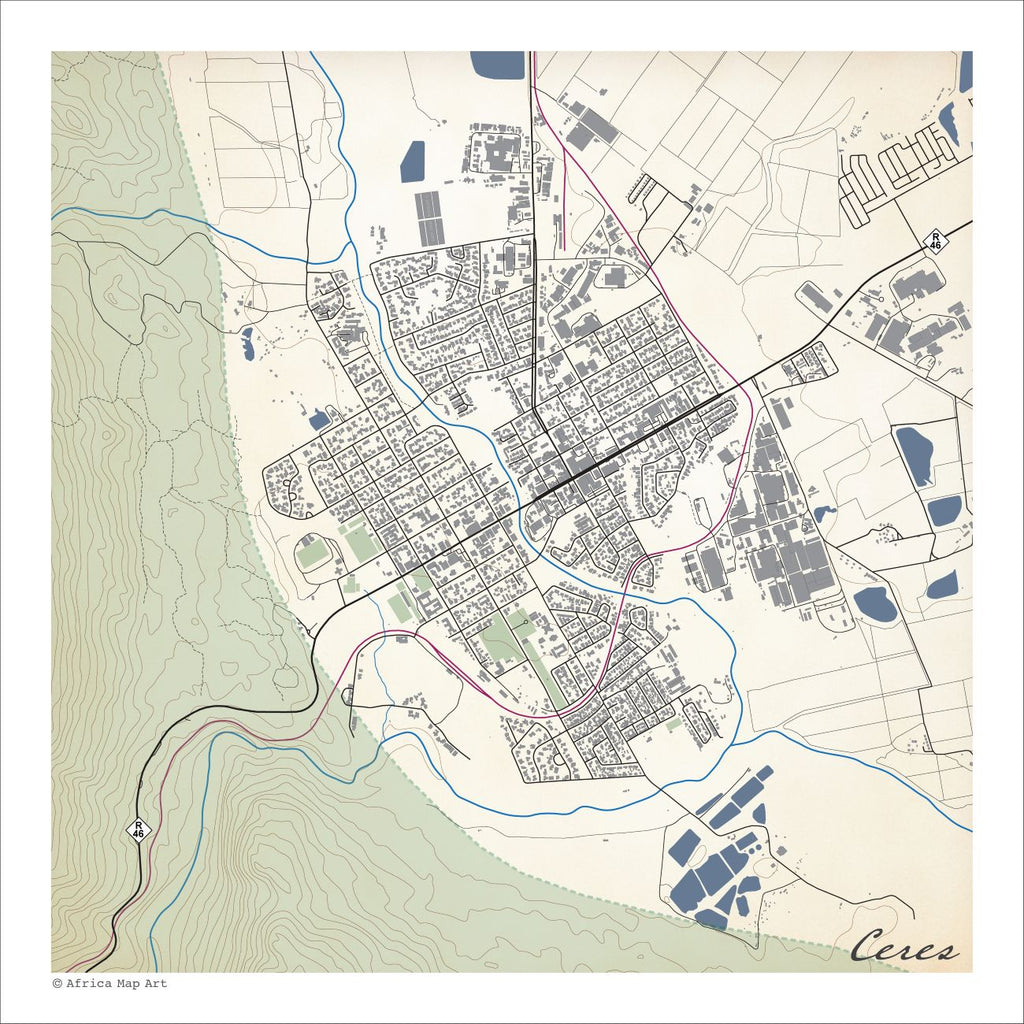 Ceres map print in the Classic style, with blue rivers and dams, grey buildings and green mountain contour slopes on a cream background