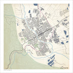 Ceres map print in the Classic style, with blue rivers and dams, grey buildings and green mountain contour slopes on a cream background