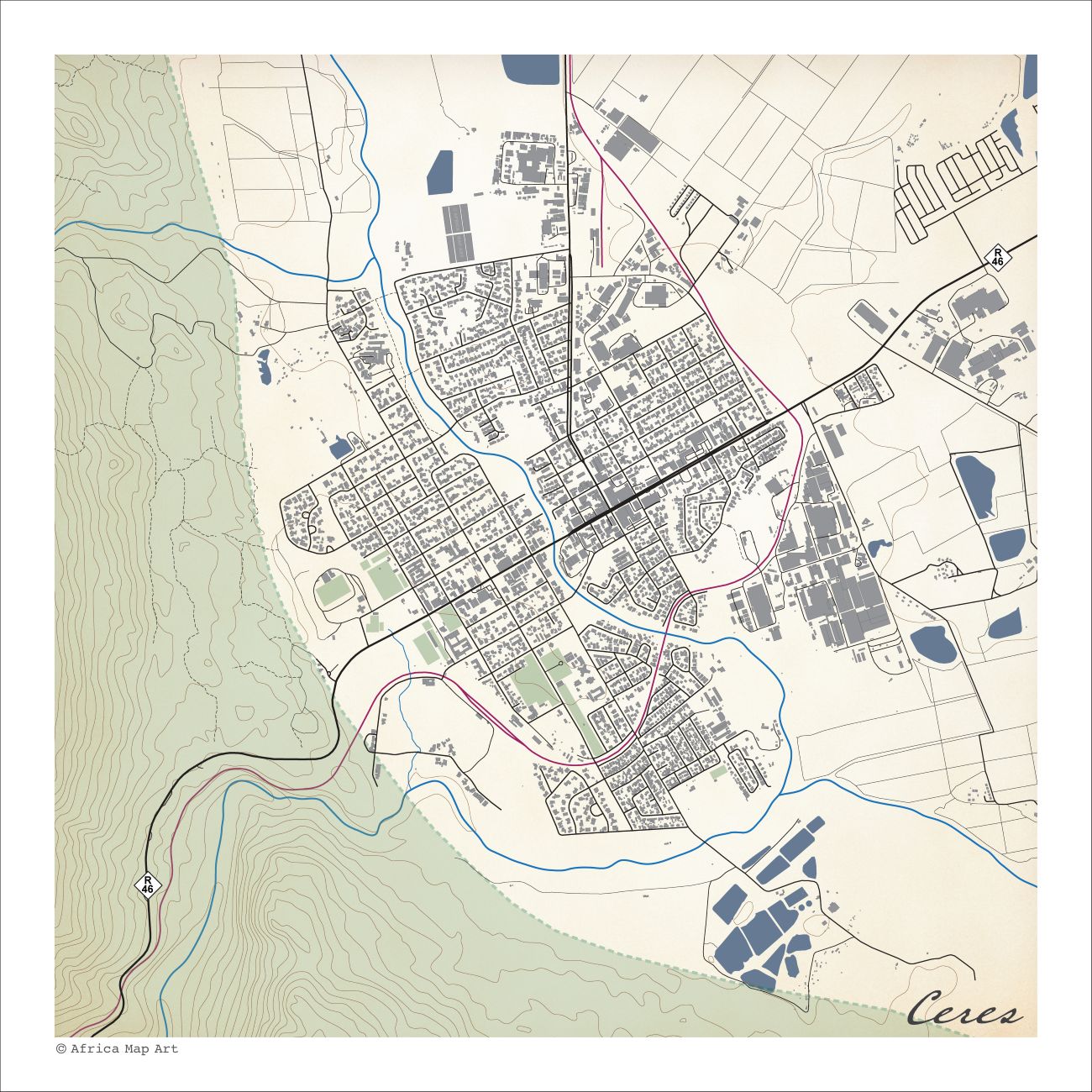 Ceres map print in the Classic style, with blue rivers and dams, grey buildings and green mountain contour slopes on a cream background