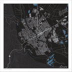 Ceres map print in the Granite style, with white street lines, blue rivers and dams, and fine white contour lines on a black background