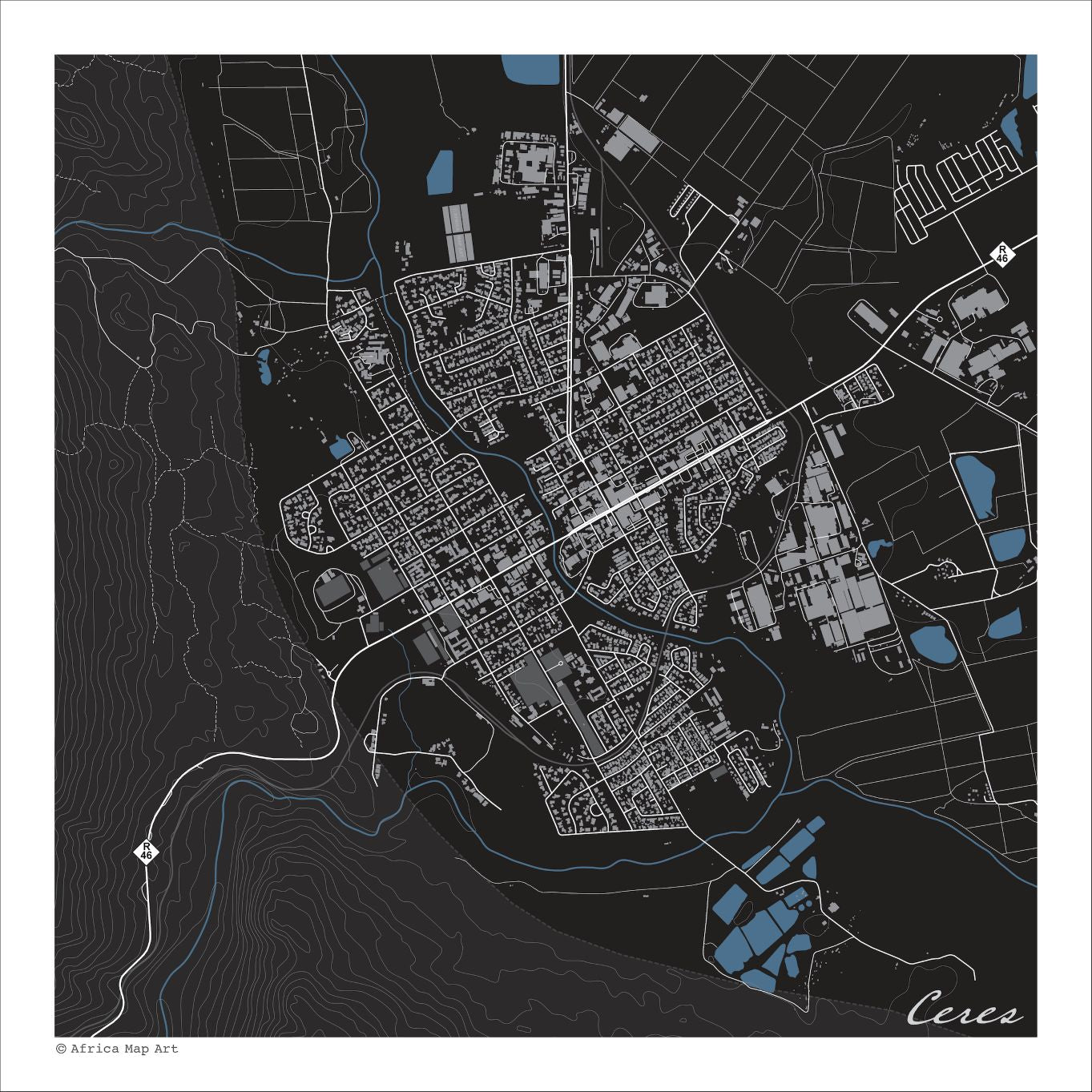 Ceres map print in the Granite style, with white street lines, blue rivers and dams, and fine white contour lines on a black background