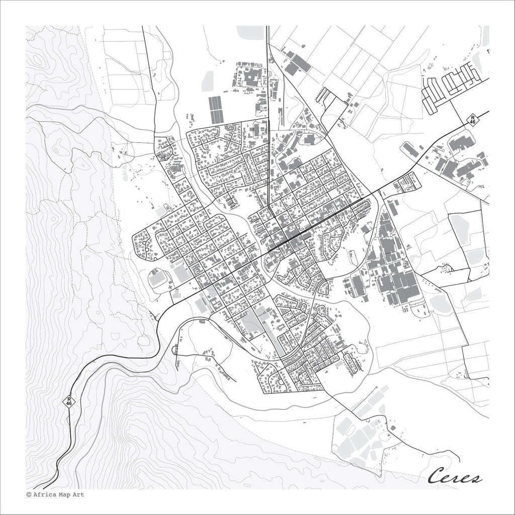 Ceres map print in the minimalist Mono style, with grey buildings, black street lines and fine contour lines on a white background