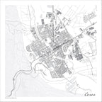 Ceres map print in the minimalist Mono style, with grey buildings, black street lines and fine contour lines on a white background