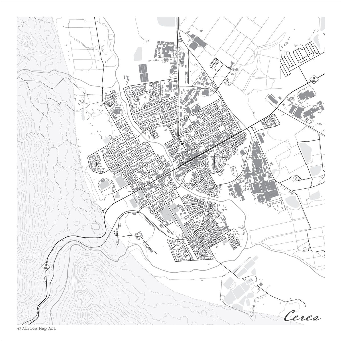Ceres map print in the minimalist Mono style, with grey buildings, black street lines and fine contour lines on a white background