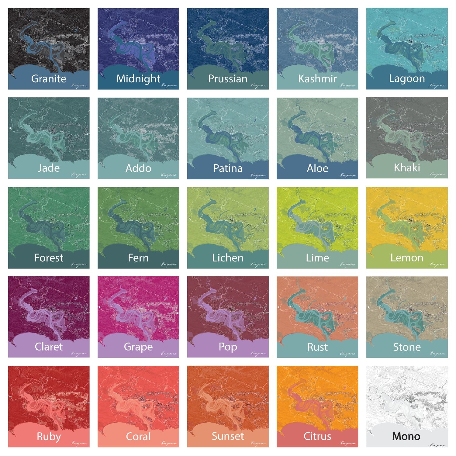 Colour chart showing all 24 map print colour options, each displayed as a small coastal town map sample with its colour name