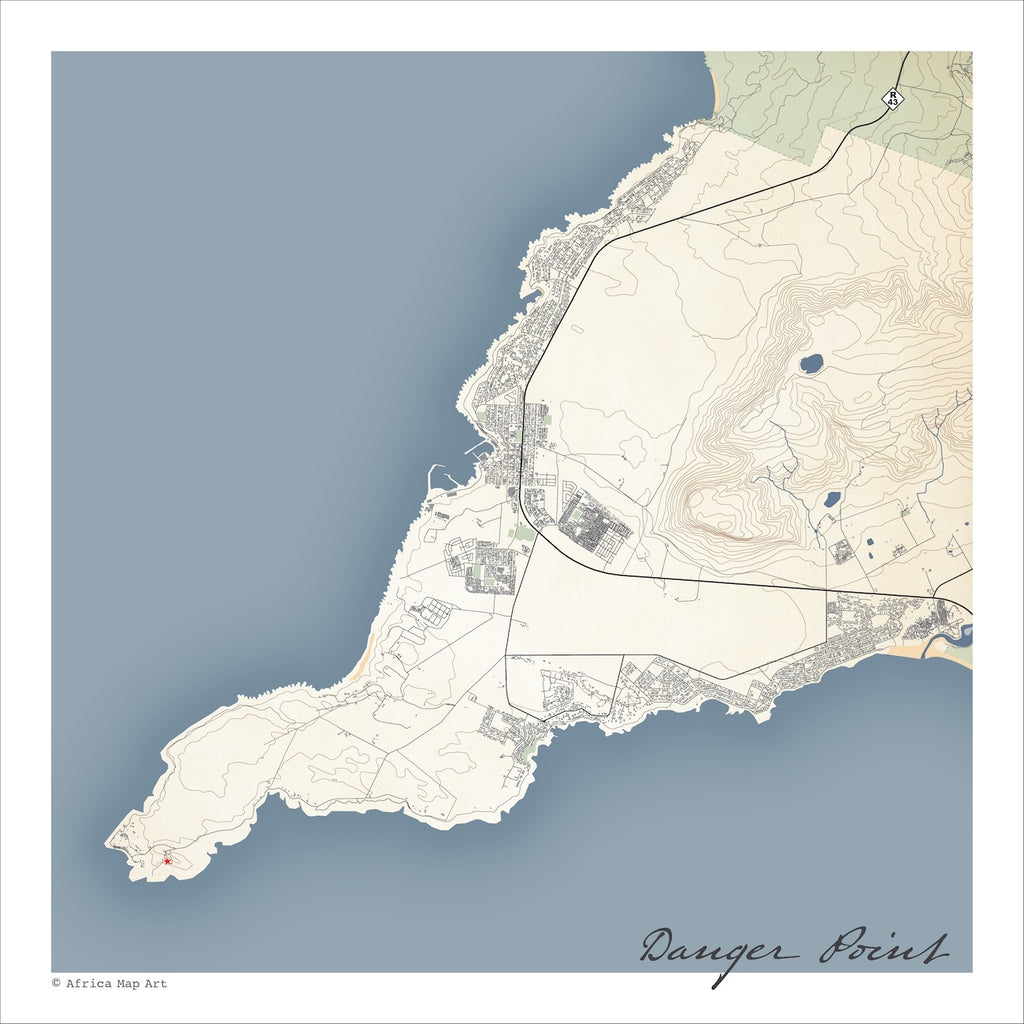 Danger Point map print in the Classic style, also covering Gansbaai, Kleinbaai and Franskraal, with fine black street lines, grey buildings and blue sea on a cream background