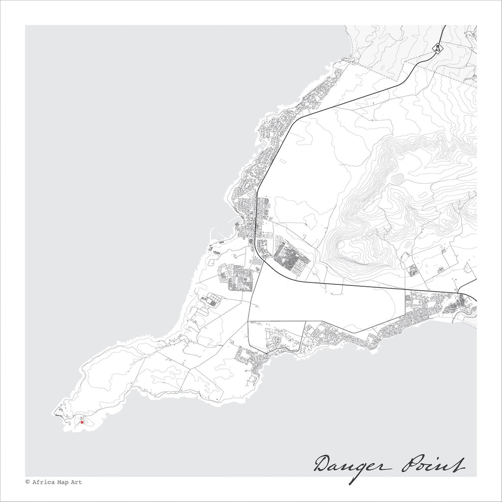 Danger Point map print in the minimalist Mono style, also covering Gansbaai, Kleinbaai and Franskraal, with black street lines and fine contour lines on a white background with grey sea