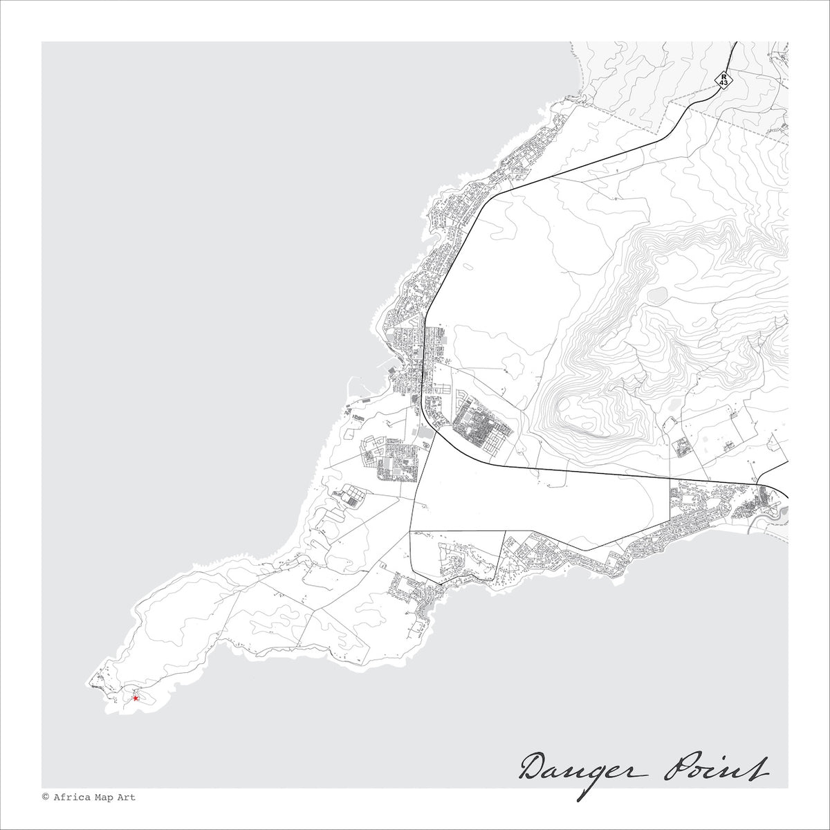 Danger Point map print in the minimalist Mono style, also covering Gansbaai, Kleinbaai and Franskraal, with black street lines and fine contour lines on a white background with grey sea