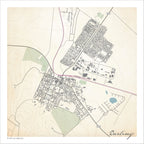 Darling map print in the Classic style, with fine black street lines and grey buildings, the R307, the railway line and two blue dams on a cream background