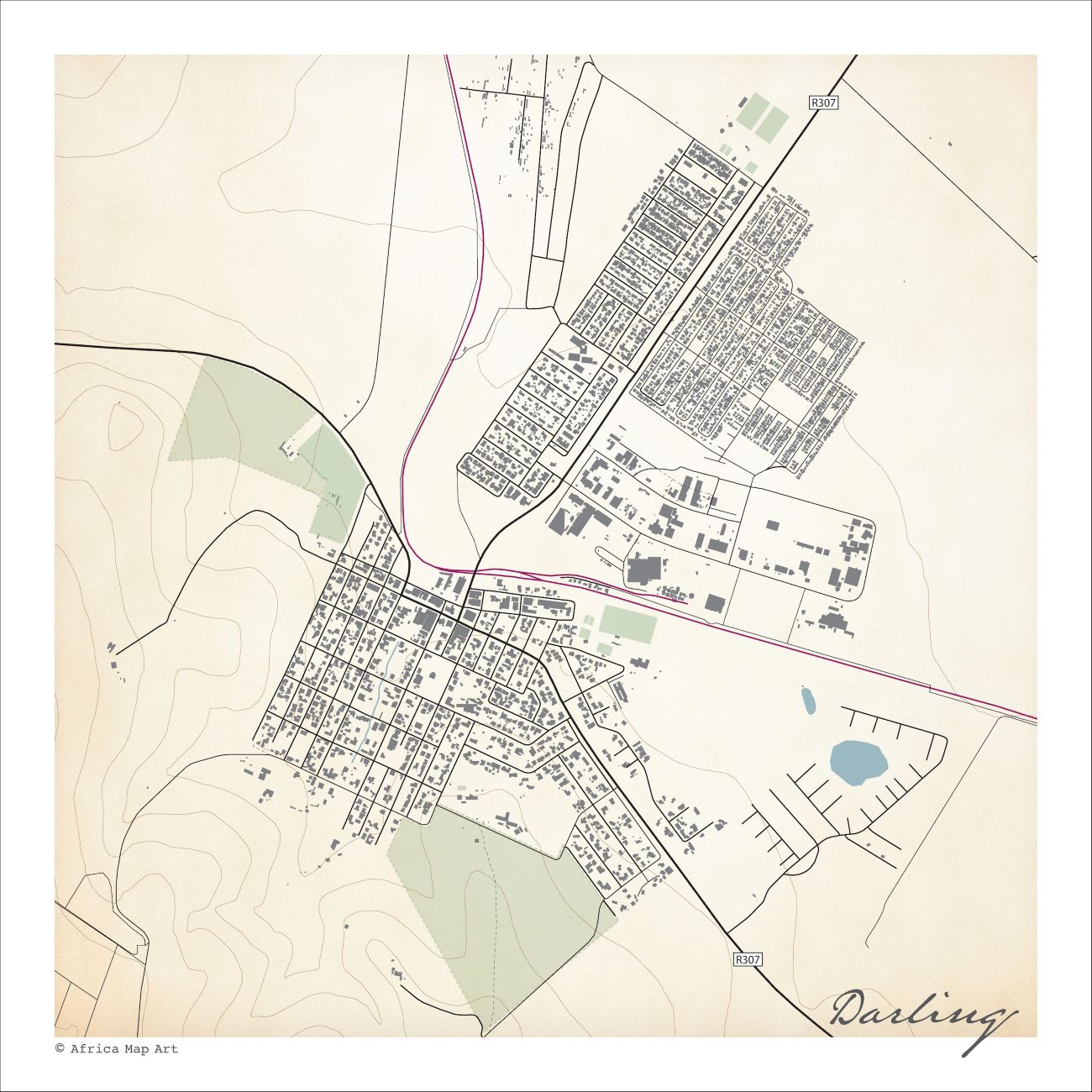 Darling map print in the Classic style, with fine black street lines and grey buildings, the R307, the railway line and two blue dams on a cream background