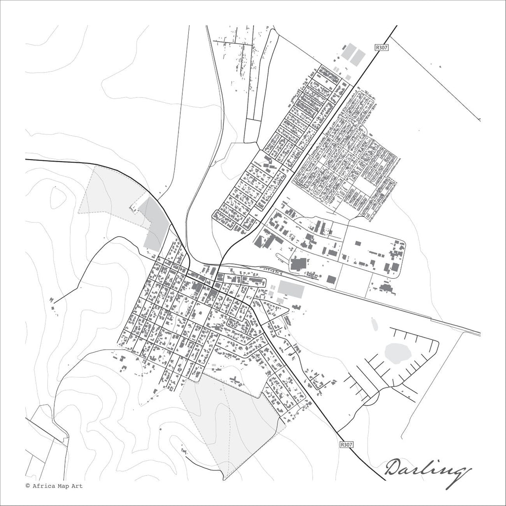 Darling map print in the minimalist Mono style, with the R307, the railway line and black street grids as well as contour lines on a white background 