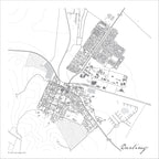 Darling map print in the minimalist Mono style, with the R307, the railway line and black street grids as well as contour lines on a white background 