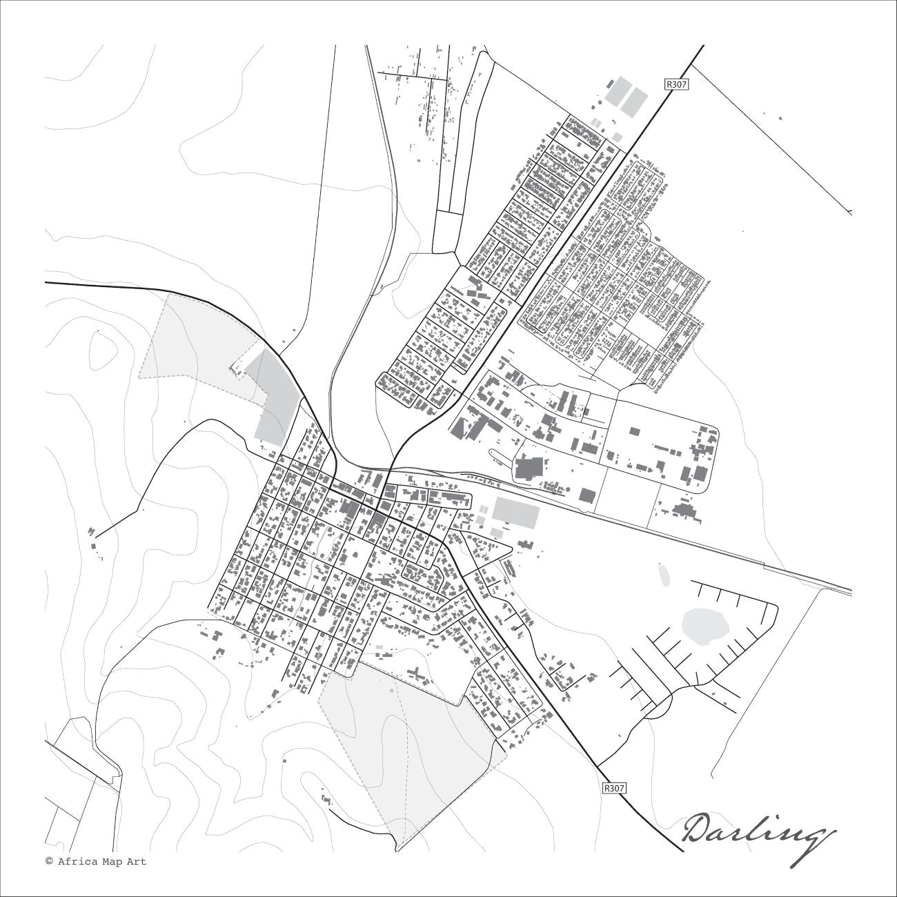 Darling map print in the minimalist Mono style, with the R307, the railway line and black street grids as well as contour lines on a white background 