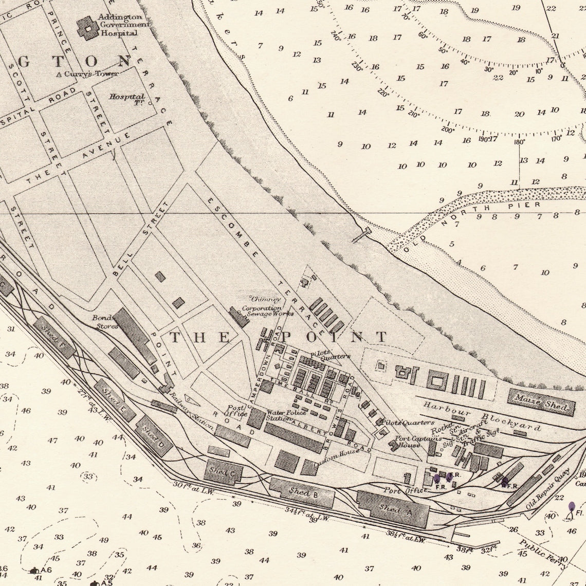 Close-up detail of the 1924 Admiralty chart of Durban reproduction print, showing the Point with its quays, railway lines and depth soundings