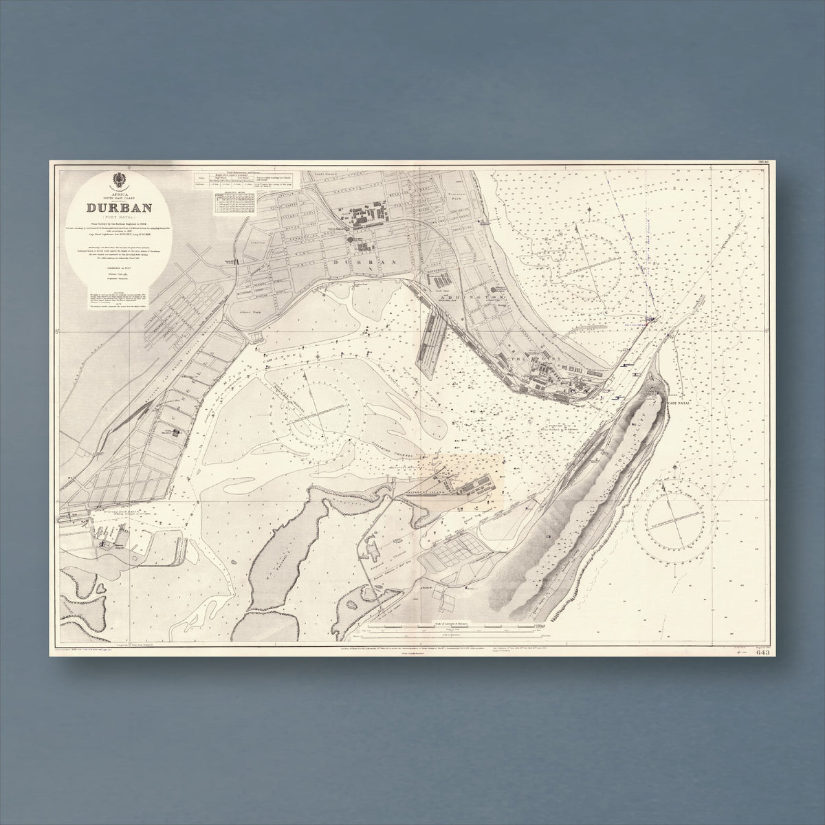 1924 Admiralty chart of Durban in its 1945 edition, reproduction print showing the bay and harbour, the Point and the Bluff, with the city street grid