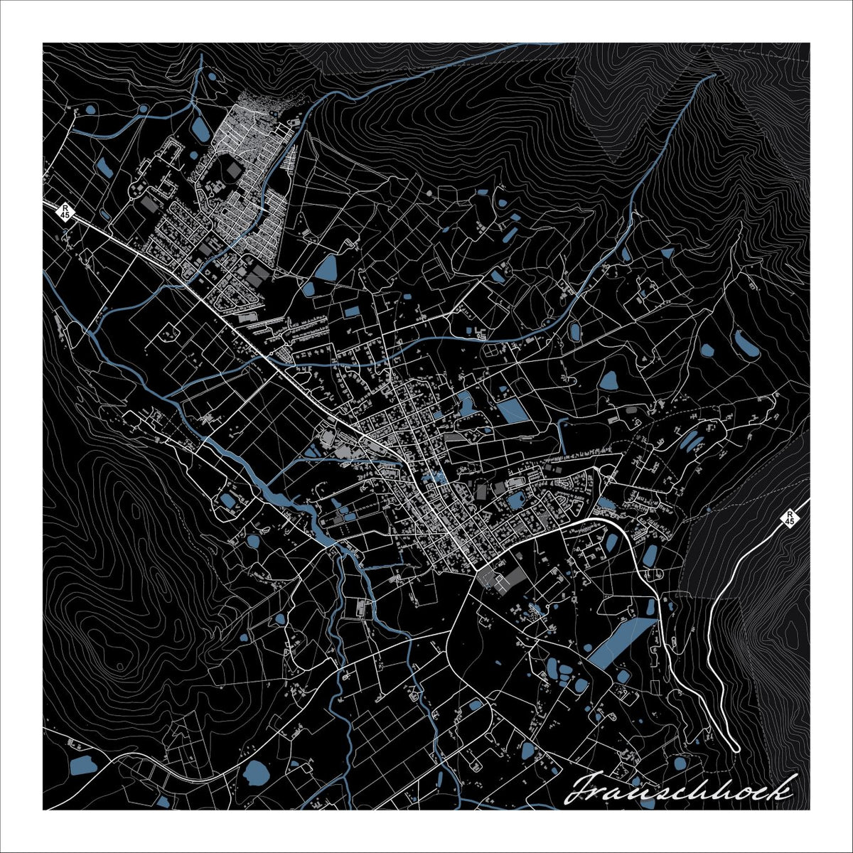 Franschhoek map print in the Granite style, with white street lines, blue rivers and farm dams and fine white contour lines on a black background