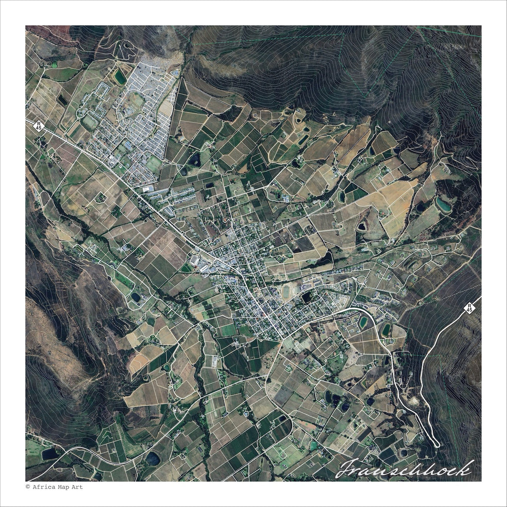 Franschhoek aerial map print showing satellite imagery of the town, vineyards and contoured mountain slopes, with white roads over green and brown farmland