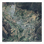 Franschhoek aerial map print showing satellite imagery of the town, vineyards and contoured mountain slopes, with white roads over green and brown farmland