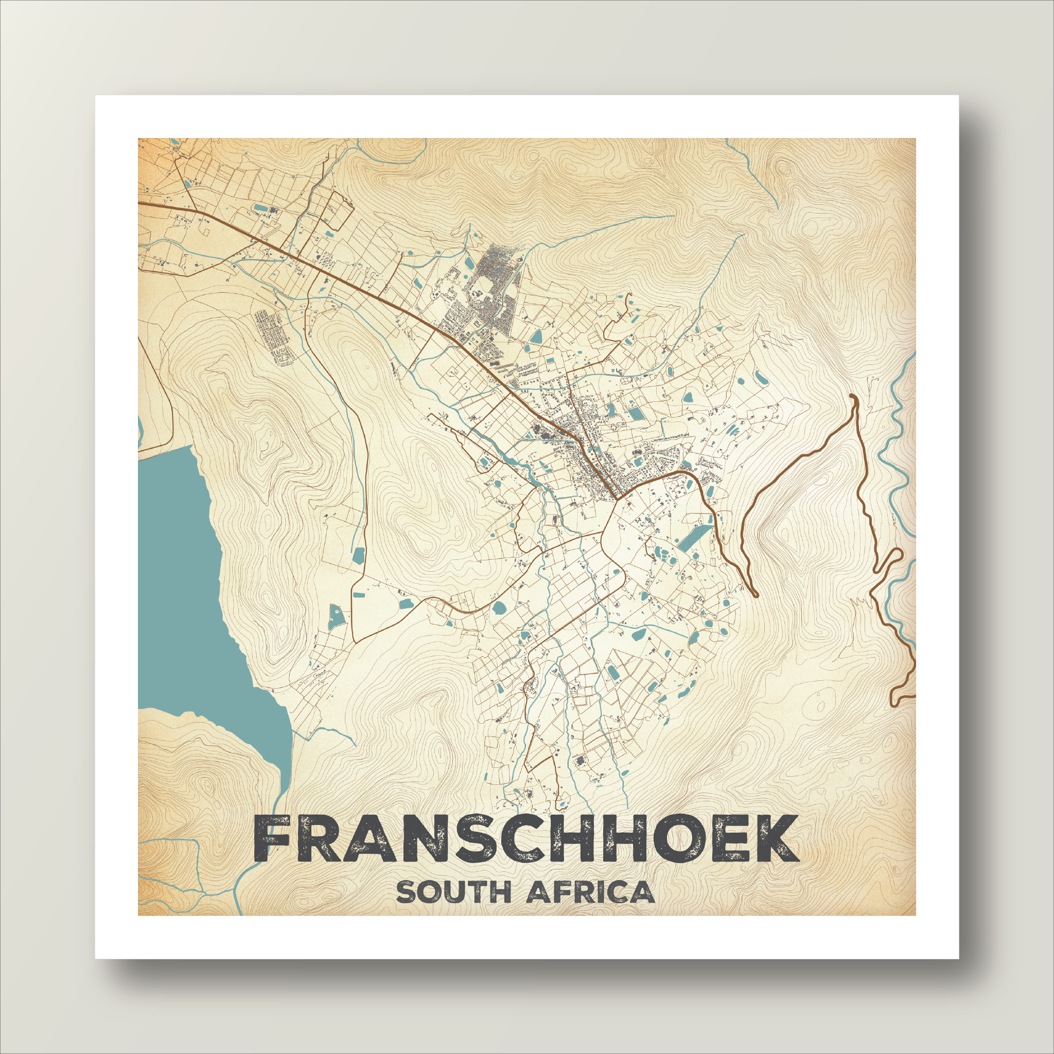 Map print of Franschhoek, South Africa in antique patina style on a beige background