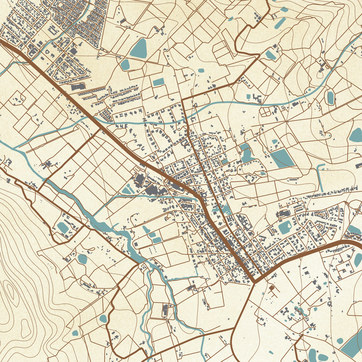 Close-up detail of the Franschhoek antique patina style map print, showing the fine line work and quality of the full-size print