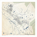 Franschhoek map print in the classic style with fine black street lines, blue waterways and pale green mountain slopes on a cream background.