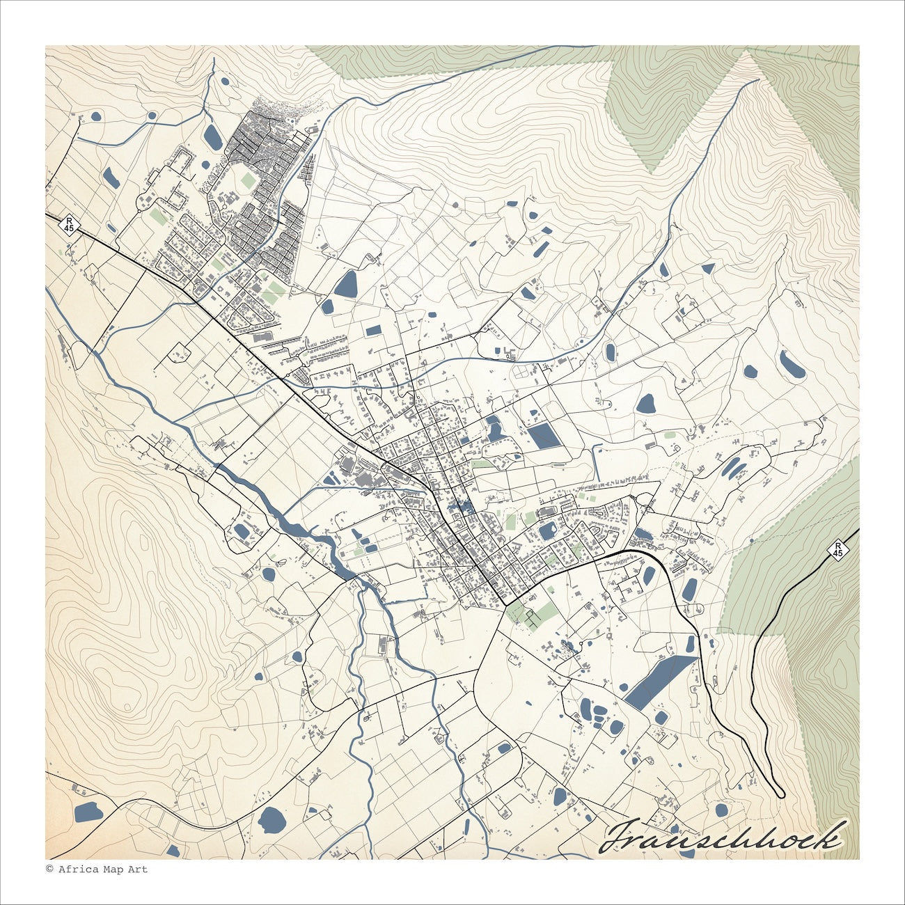 Franschhoek map print in the classic style with fine black street lines, blue waterways and pale green mountain slopes on a cream background.