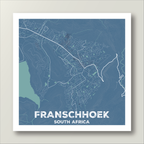 Franschhoek map print in the Kashmir Blue style, with white road network and pale green vineyards on a slate blue background.