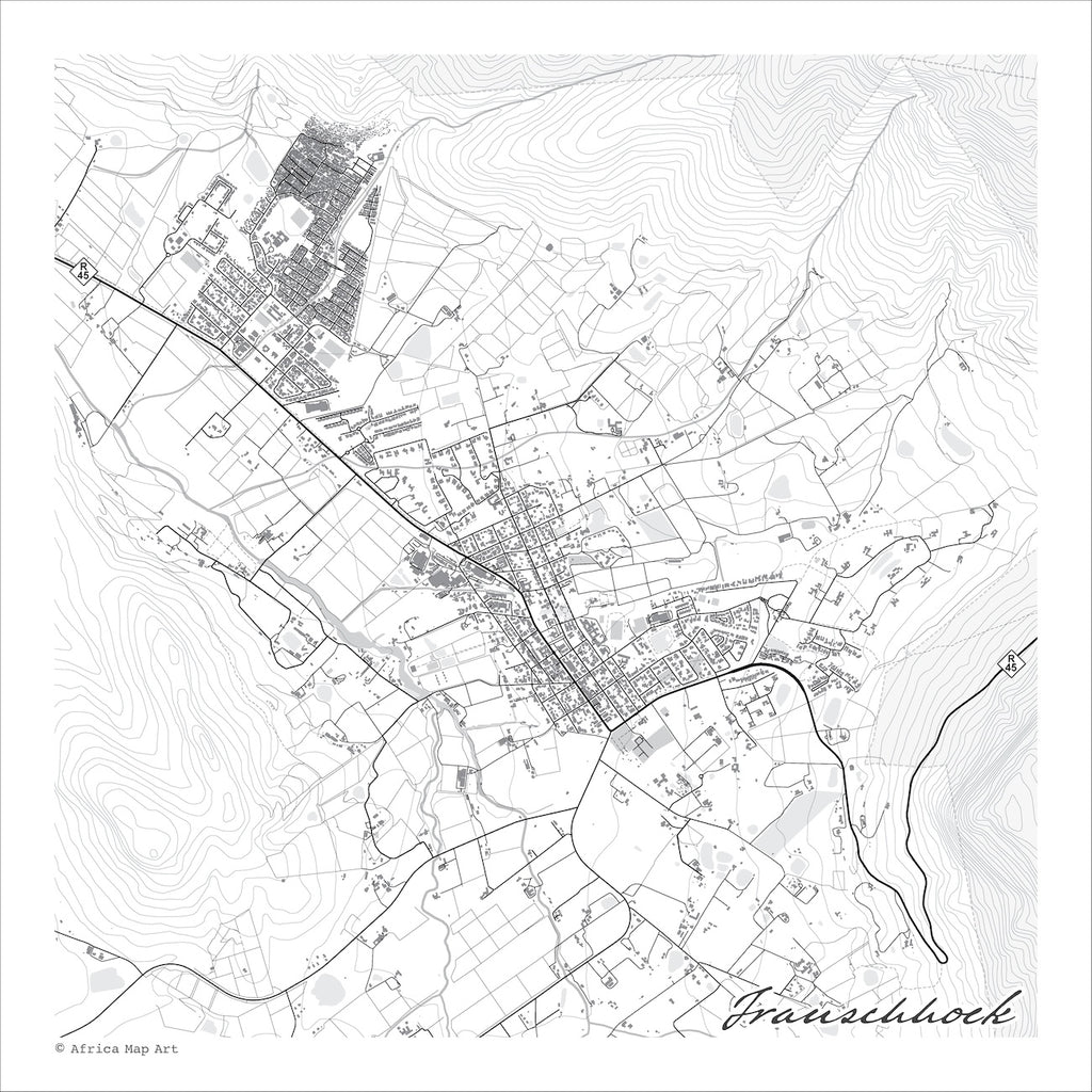 Franschhoek map print in the Mono style, a black and white design with dark street lines, grey waterways and buildings, and fine contour lines on a white background