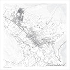 Franschhoek map print in the Mono style, a black and white design with dark street lines, grey waterways and buildings, and fine contour lines on a white background
