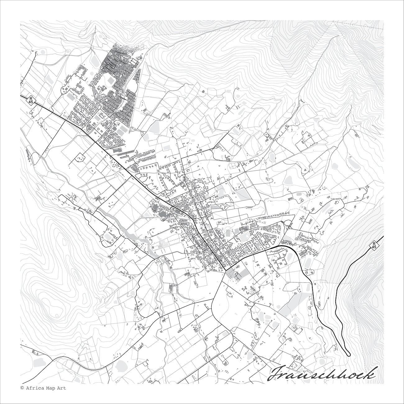 Franschhoek map print in the Mono style, a black and white design with dark street lines, grey waterways and buildings, and fine contour lines on a white background