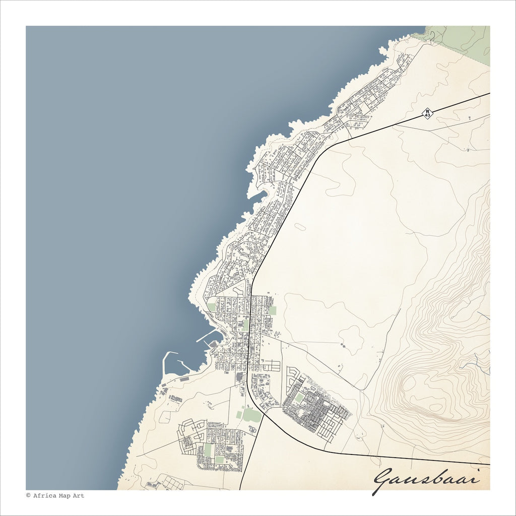 Gansbaai map print in the Classic style, with fine black street lines, grey buildings and blue sea along the Walker Bay coastline on a cream background