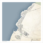 Gansbaai map print in the Classic style, with fine black street lines, grey buildings and blue sea along the Walker Bay coastline on a cream background