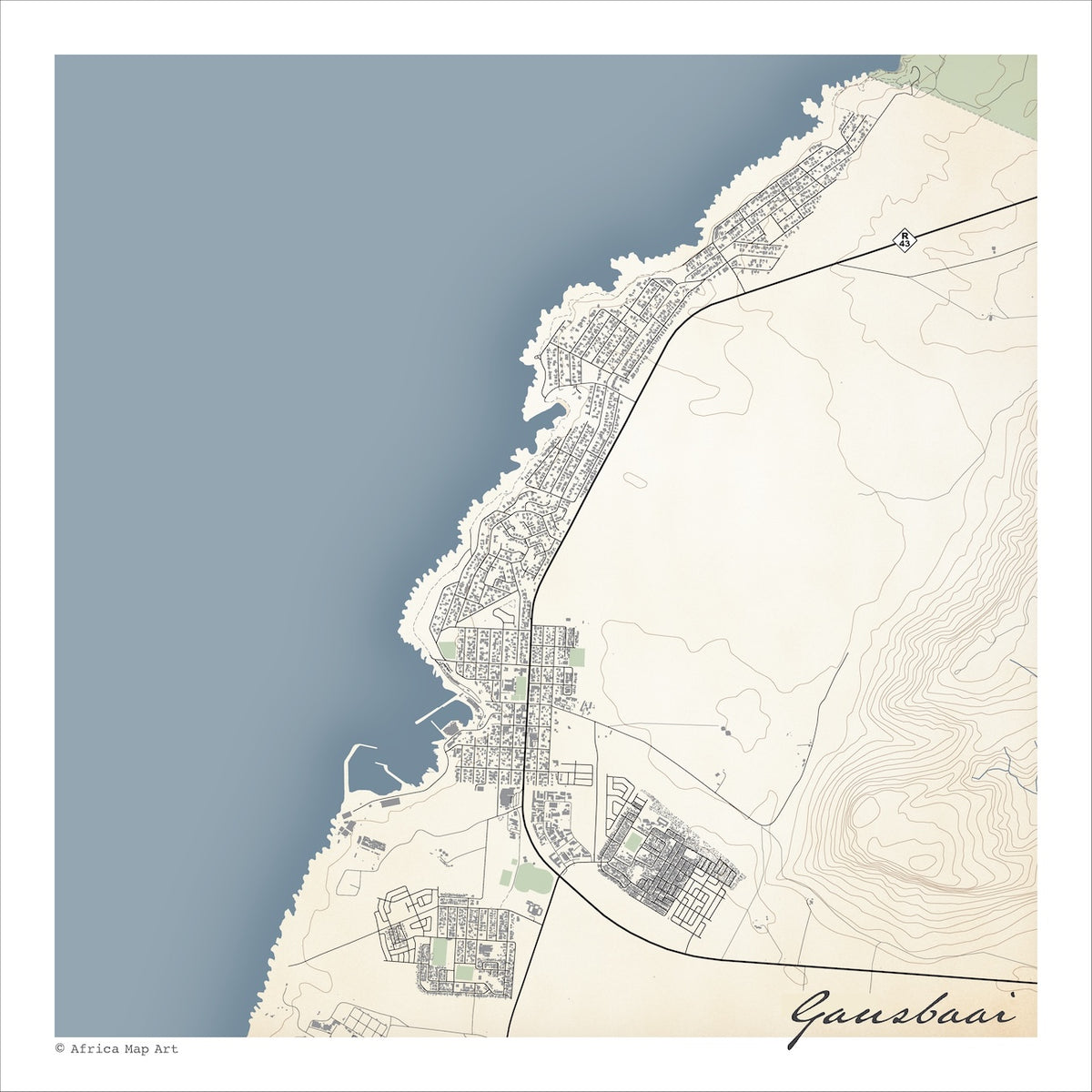 Gansbaai map print in the Classic style, with fine black street lines, grey buildings and blue sea along the Walker Bay coastline on a cream background