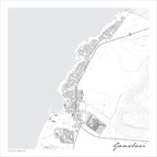 Gansbaai map print in the minimalist Mono style, with black street lines, fine contour lines and grey sea along the Walker Bay coastline on a white background