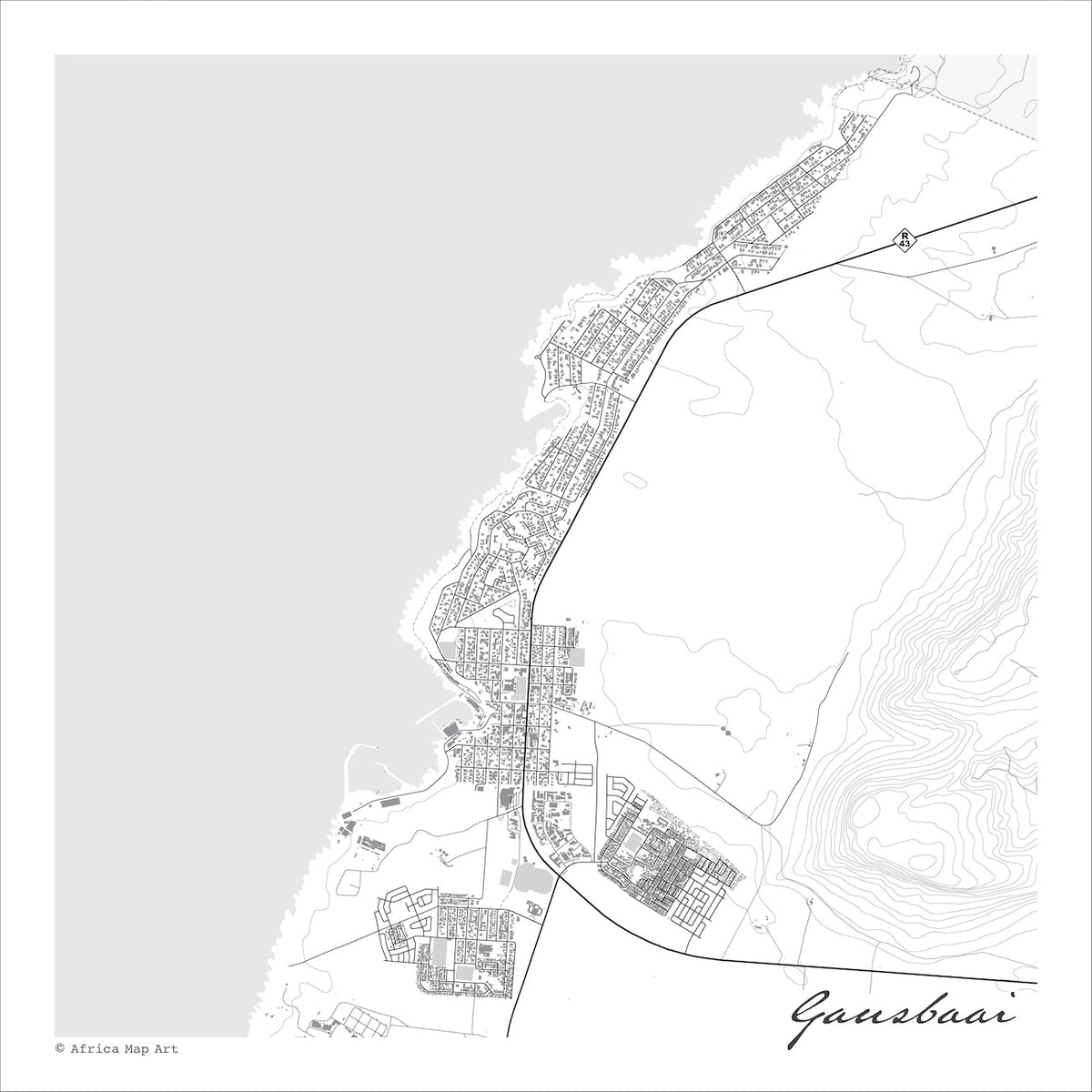 Gansbaai map print in the minimalist Mono style, with black street lines, fine contour lines and grey sea along the Walker Bay coastline on a white background