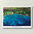 Garden Route 1 satellite print in the Poster style, showing the coast from Mossel Bay to Knysna, with large swirling ocean currents, and the title Garden Route on the bottom of the white border