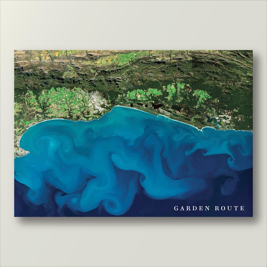 Garden Route 1 satellite print in the Titled style, showing the coast from Mossel Bay to Knysna, with large swirling ocean currents on blue sea and the title Garden Route on the image