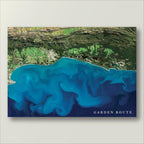 Garden Route 1 satellite print in the Titled style, showing the coast from Mossel Bay to Knysna, with large swirling ocean currents on blue sea and the title Garden Route on the image