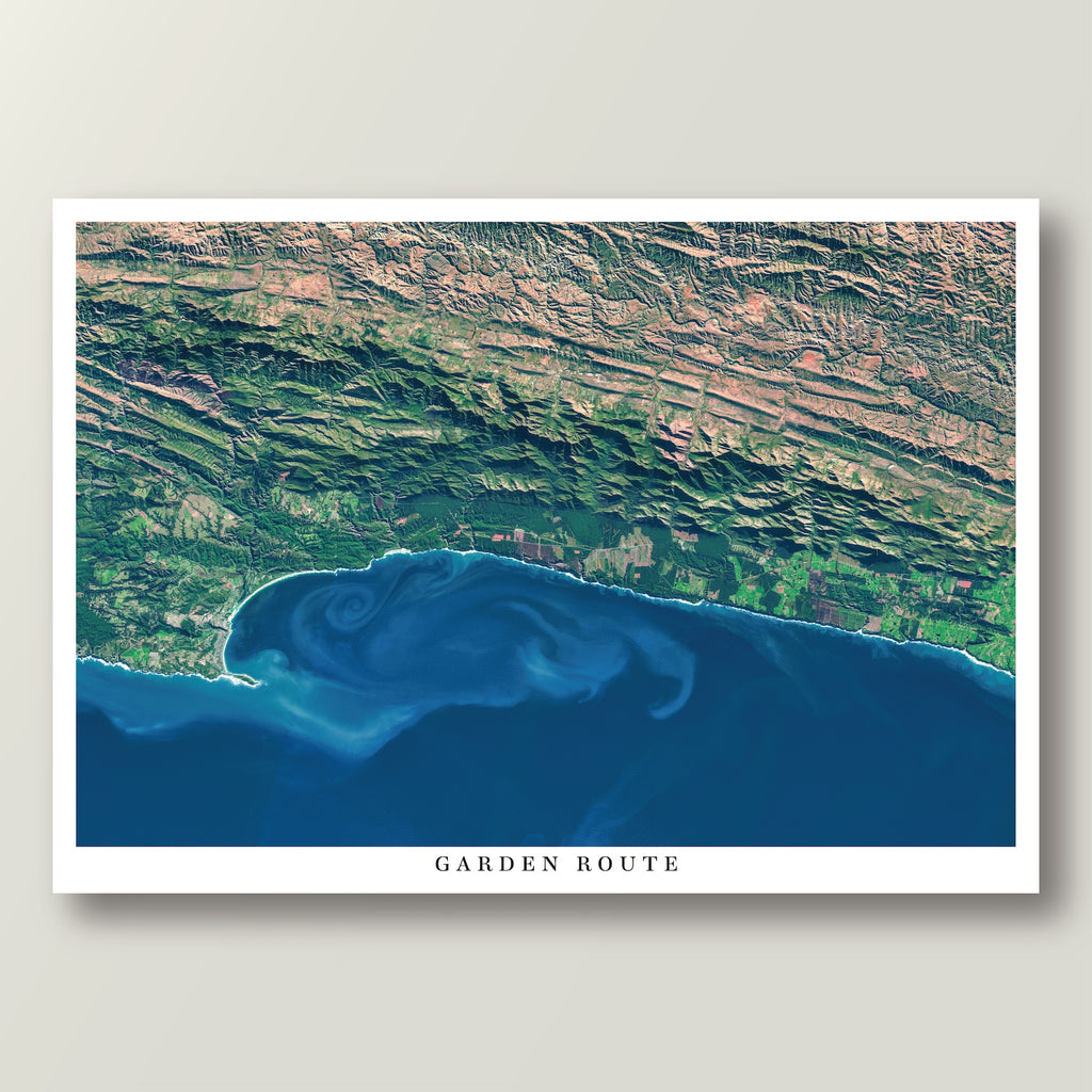 Garden Route 2 East satellite print in the Poster style, showing the coast from the Robberg Peninsula to the Tsitsikamma Mountains, with deep blue water and ocean currents, and the title Garden Route on the bottom white border