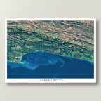 Garden Route 2 East satellite print in the Poster style, showing the coast from the Robberg Peninsula to the Tsitsikamma Mountains, with deep blue water and ocean currents, and the title Garden Route on the bottom white border