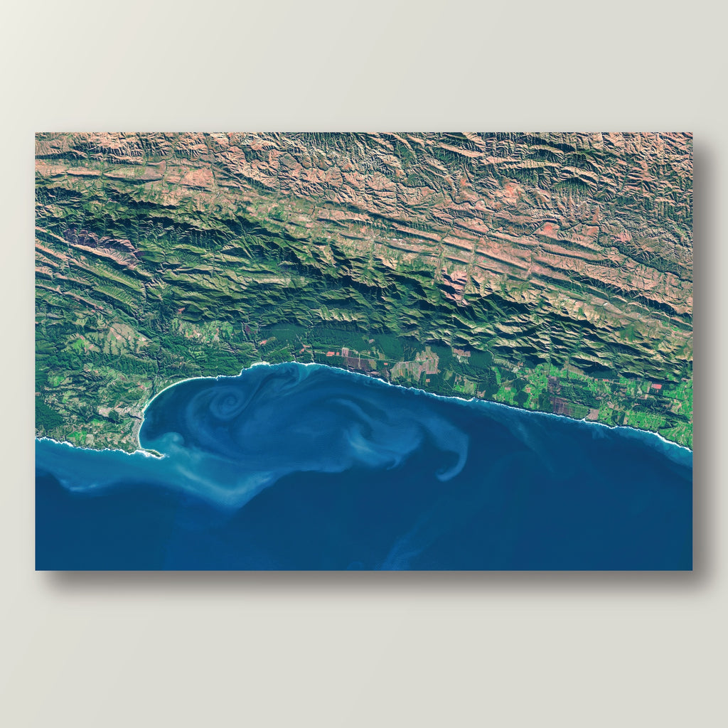 Garden Route 2 East satellite print in the Standard style, showing the coast from the Robberg Peninsula to the Tsitsikamma Mountains, with deep blue water and ocean currents