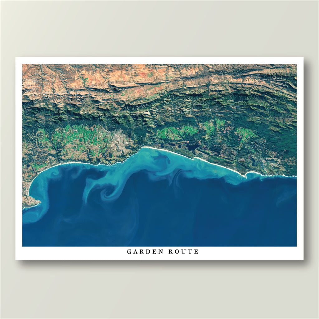Garden Route 2 West satellite print in the Poster style, showing the coast from Mossel Bay to Knysna, with the Little Karoo beyond the Outeniqua Mountains, and the title Garden Route on the bottom white border.