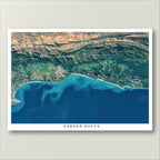 Garden Route 2 West satellite print in the Poster style, showing the coast from Mossel Bay to Knysna, with the Little Karoo beyond the Outeniqua Mountains, and the title Garden Route on the bottom white border.